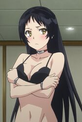 bikini black_bikini black_hair black_swimsuit blush covering kajou_ayame long_hair screen_capture screencap shimoneta_to_iu_gainen_ga_sonzai_shinai_taikutsu_na_sekai swimsuit