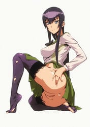 bottomless bottomless_skirt female flou highschool_of_the_dead long_hair looking_at_viewer no_panties nude purple_hair saeko_busujima skirt