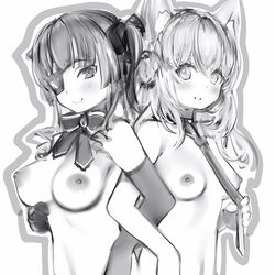 2girls blush braid breasts closed_mouth crown_braid elbow_gloves eyepatch female gloves greyscale hakui_koyori highres hololive hololive_fantasy hololive_japan holox houshou_marine large_breasts locked_arms long_hair looking_at_viewer medium_breasts monochrome multiple_girls nanashi_(nlo) necktie nipples one_eye_closed one_eye_covered simple_background smile twintails virtual_youtuber white_background