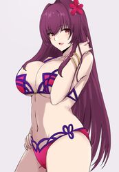 absurdres bangs bikini bracelet breasts cleavage ekaki_kukuma fate/grand_order fate_(series) female flower hair_flower hair_ornament hand_on_hip highres jewelry large_breasts looking_at_viewer navel open_mouth pink_bikini playing_with_own_hair purple_hair red_eyes scathach_(fate) scathach_(fate/grand_order) scathach_(swimsuit_assassin) scathach_(swimsuit_assassin)_(fate) smile solo swimsuit thighs