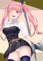 1girls ;d axe bangs belt breasts commentary_request female female_only fire_emblem fire_emblem:_three_houses garreg_mach_monastery_uniform highres hilda_valentine_goneril holding holding_axe long_hair medium_breasts nintendo one_eye_closed open_mouth panties pantyshot pantyshot_(standing) pink_eyes pink_hair signdasuyo smile solo thighhighs thighs twintails underwear uniform upskirt weapon white_panties