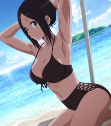 armpits beach bikini black_hair breasts brown_eyes cleavage dumbbell_nan_kilo_moteru? female female_focus highres large_breasts looking_at_viewer medium_breasts mole mole_under_eye navel ocean screencap short_hair smile solo stitched swimsuit tachibana_satomi third-party_edit