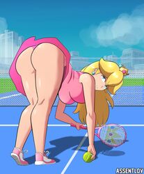 1girls ass assentlov bending_over blonde_hair crown leaning_forward long_hair mario_(series) mario_tennis nintendo princess_peach solo tennis_racket tennis_uniform upskirt