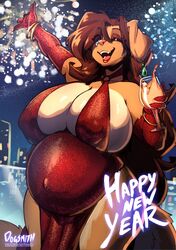 1girls 2d anthro arm_up breasts brown_hair clothed clothing earrings english_text faizenek female female_only fireworks furry huge_belly huge_breasts lipstick new_year night one_eye_closed pregnant ready_to_pop red_lipstick rhoda_(faizenek) solo solo_female standing the_dogsmith thick_thighs wide_hips wine_glass