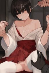 4boys anus bar_censor black_hair bulge censored closed_mouth collarbone commentary_request crossdressing cum cum_on_body cum_on_hair ejaculation erection erection_under_clothes facial femboy girly hair_between_eyes hakama hakama_short_skirt hakama_skirt handjob holding_another's_wrist japanese_clothes kimono male male/male male_focus male_only multiple_boys multiple_penises nipples one_eye_closed original otoko_no_ko penis projectile_cum red_hakama sitting skirt solo_focus sunaba_(nczd5875) testicles thighhighs trap white_kimono white_legwear wide_sleeves yaoi