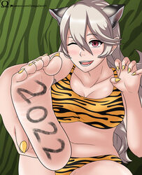 1girls 2022 ;d barefoot body_writing breasts cleavage corrin_(fire_emblem) corrin_(fire_emblem)_(female) feet female_only fire_emblem fire_emblem_fates foot_fetish foot_focus grey_hair hair_between_eyes large_breasts long_hair nail_polish new_year nintendo omegazero01 one_eye_closed orange_panties panties red_eyes slit_pupils smile soles solo tiger_print toes wink yellow_nails