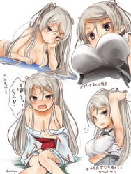 akino_shuu animal_print blush breasts brown_eyes cleavage collarbone conte_di_cavour_(kantai_collection) dress female fish_print goldfish_print japanese_clothes kantai_collection kimono large_breasts long_hair long_sleeves multiple_views obi open_mouth remodel_(kantai_collection) sash short_sleeves silver_hair simple_background translation_request twitter_username white_background white_dress white_kimono wide_sleeves yukata