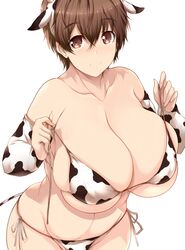 1girls big_breasts bikini blush breasts_bigger_than_head brown_eyes brown_hair cow_ears cow_girl cow_print cute enormous_breasts eyebrows_visible_through_hair female female_focus female_only gigantic_breasts hourglass_figure huge_breasts idolmaster large_breasts massive_breasts oikawa_shizuku shizuku_oikawa short_hair smile solo solo_female solo_focus thick thick_ass tsukasawa_takamatsu very_short_hair voluptuous white_background