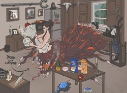 2boys 3girls antiwitless_(artist) breakfast brown_eyes brown_hair candle capra_demon chaos_witch_quelaag coffee crystal_lizard dark_souls demon demon_girl drunk easter_eggs fair_lady_quelaan fridge fromsoftware hair_bun humor kirk_knight_of_thorns large_breasts long_hair monster monster_girl newspaper ok_sign orange_eyes oscar_of_astora picture_frame quelana_of_izalith solaire_of_astora spider spider_girl swirly_eyes sword weapon witlessartist