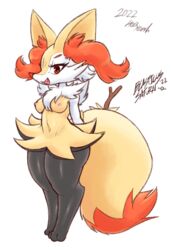 anthro blasticussaturn braixen female fur hands_behind_back hi_res looking_at_viewer nintendo open_mouth pokémon_(species) pokemon pokemon_(species) red_eyes signature simple_background smile solo thick_thighs video_games yellow_body yellow_fur