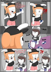 bed black_eyes breasts cleavage comic damienminded dialogue energy_drink english_text erection exclamation_point female imminent_sex lagomorph male no_mouth original original_character original_characters penis question_mark shaking shorts sound_effect tagme text tina_(tonytoran) tony_(tonytoran) tonytoran too_many_energy_drinks