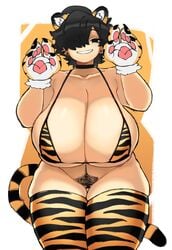 big_breasts bikini black_hair bottomless breasts cat_paws chubby cleavage happy_trail huge_breasts large_breasts looking_at_viewer magnolia_(mctamagomaki) mctamagomaki pubes pubic_hair skimpy skimpy_bikini skimpy_clothes skimpy_outfit smiling smiling_at_viewer stockings tiger_stripes treasure_trail venus_body white_skin