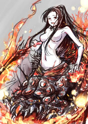 1girls arachne brown_fur brown_hair chaos_witch_quelaag dark_souls demon demon_girl fire fromsoftware large_breasts long_hair monster monster_girl nude pale_skin ponytail red_eyes spider spider_girl sword teeth topless weapon 井上恭平_(artist)