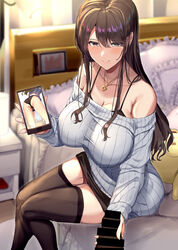 ass bedroom bent_over black_legwear black_panties breasts brown_eyes brown_hair cellphone cellphone_picture covered_nipples dark-skinned_male dark_skin female highres jewelry large_breasts looking_at_viewer mole mole_under_mouth necklace neropaso off-shoulder_shirt off_shoulder original panties penis penis_grab phone pillow seductive_smile shirt skindentation smile sweater thighhighs underwear