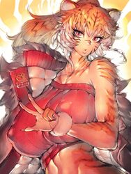 anthro big_breasts cat_humanoid catgirl curvy fumio_(rsqkr) furry hourglass_figure huge_breasts jacket long_hair looking_at_viewer midriff new_year nipple_bulge original peace_sign ponytail red_eyes shoulderless_dress tiger_girl tiger_stripes year_of_the_tiger