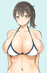 black_hair blue_background blush breasts brown_eyes brown_hair bursting_breasts cleavage collarbone female gigantic_breasts huge_breasts kaga_(kantai_collection) kantai_collection looking_at_viewer navel parted_lips poin side_ponytail simple_background solo upper_body wet