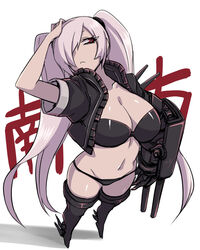 abyssal_ship black_bra black_footwear black_legwear boots bra breasts cleavage female grey_hair hair_over_one_eye hand_on_own_head jacket kantai_collection large_breasts long_hair minarai navel panties red_eyes shinkaisei-kan solo southern_ocean_oni thigh_boots thighhighs twintails underwear very_long_hair