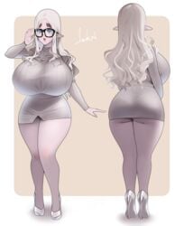 1girls blue_eyes carameline_(dskn) dskn elf female female_only glasses huge_breasts pale_skin thick_thighs