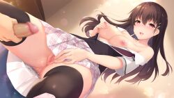 1boy bangs black_legwear blush boku_no_mirai_wa_koi_to_kakin_to breasts brown_hair censored collarbone eyebrows_visible_through_hair female floating_hair from_below game_cg hair_between_eyes hair_ornament hairclip highres indoors large_breasts long_hair miniskirt mosaic_censoring nipples nironiro open_clothes open_mouth open_shirt open_vest panties panties_around_one_leg penis plaid plaid_skirt pleated_skirt pussy pussy_juice red_eyes self_fondle shiny shiny_hair shirt short_sleeves skirt solo_focus straight straight_hair sweatdrop thighhighs underwear very_long_hair vest wataya_azusa white_shirt white_skirt