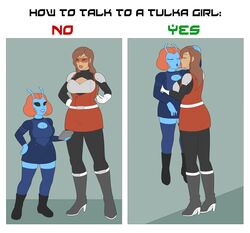 2girls aftermath alien alien_girl alien_humanoid antennae athorment blue_skin brown_skin caption cleavage comic_strip english_text evelyn_(athorment) evelyn_(athorment)_(female) evelyn_prime_(athorment) female female/female female_focus female_only how_to_talk_to_short_girls how_to_talk_to_short_people imminent_sex interspecies kissing latina lifting long_hair long_hair_female meme multiple_girls saliva saliva_string saliva_trail science_fiction short_hair tall_woman_meme tongue_kiss tongue_out yumi_(senator_guido) yuri