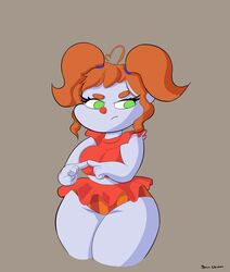 1girls alternate_version_available animatronic anthro baby_(fnafsl) big_ass big_breasts circus_baby circus_baby_(fnaf) clown clown_girl clown_nose curvy fingers_together five_nights_at_freddy's five_nights_at_freddy's:_sister_location green_eyes looking_to_the_side orange_hair panties pouting robot short_skirt simple_background sleeveless thiccchicken thick_thighs twintails wide_hips