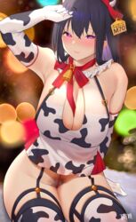 animal_print arm_support arm_up bare_hips bell black_hair blush breasts cleavage cleavage_cutout clothing_cutout colored_inner_hair commentary_request cow_girl cow_horns cow_print dress ear_tag elbow_gloves female female female_pubic_hair gloves highres horns huge_breasts karinto_yamada legs_together long_hair looking_at_viewer multicolored_hair neck_bell neck_ribbon original print_gloves print_legwear pubic_hair purple_eyes purple_hair red_ribbon ribbon short_dress sitting solo thighhighs thighs two-tone_hair