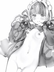 breasts character_doll cowboy_shot female greyscale hair_ribbon hands_up highres hololive hololive_gen_2 hololive_japan jacket long_sleeves looking_at_viewer monochrome multicolored_hair murasaki_shion naked_jacket nanashi_(nlo) nipples nude official_alternate_costume open_clothes open_jacket parted_lips pussy ribbon shiokko_(murasaki_shion) simple_background small_breasts smile solo standing streaked_hair twintails virtual_youtuber white_background