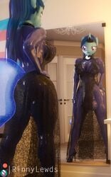 3d 3d_(artwork) athletic_futanari balls_in_bodysuit balls_under_clothes blue_hair blue_nails clothing colored_nails crown digital_media_(artwork) dress equid equine fan_character fully_sheathed futa_only futanari gynomorph hair hand_on_hip hasbro hi_res high_heels horn intersex jewelry lace latex latex_futa long_hair lovebrew_(oc) mammal mirror my_little_pony nails necklace nipple_outline original_character penis_in_bodysuit pink_eyes pose reflection rinny skinsuit solo straight_hair tiara tight_clothing unicorn