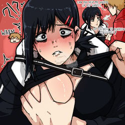 1boy 1girls black_hair blush bra_lift chainsaw_man denji_(chainsaw_man) female grabbing_breasts groping groping_breasts higashiyama_kobeni looking_at_viewer male mark_gavatino medium_breasts piercing pov shirt_lift shocked short_hair sweat winter worried