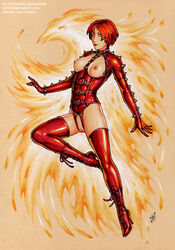 bottomless breast_cutout breasts breasts_out candra casual_exposure collar corset crotch_strap crotchless erotic_costume erotic_earth fetish_wear flying gloves harness hounds_(marvel) marvel marvel_comics phoenix phoenix_(x-men) rachel_summers red_hair red_queen shaved_pussy short_hair slit spiked_collar spikes thigh_high_boots topless_female vulva x-men