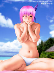 1girls 4:3_aspect_ratio ayane_(doa) beach beach_towel blurred_background breasts busty covered_nipples covering_breasts dead_or_alive eau-rouge female female_focus female_only headband japanese_text looking_at_viewer medium_breasts navel no_bra pink_hair pink_hair_female public_topless purple_eyes purple_hair questionable red_eyes red_eyes_female short_hair short_hair_female short_pink_hair solo tecmo topless tree white_bikini_bottom
