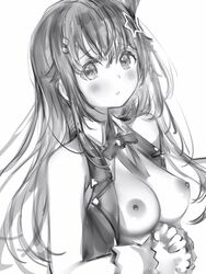 blush breasts female greyscale hair_flaps highres hololive hololive_gen_0 hololive_japan interlocked_fingers long_hair looking_at_viewer monochrome nanashi_(nlo) neck_ribbon nipples own_hands_clasped own_hands_together parted_lips perky_breasts ribbon simple_background solo tokino_sora upper_body virtual_youtuber white_background