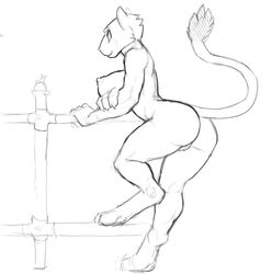 2020 absurd_res anthro areola arm_under_breasts ass big_breasts breasts digitigrade felid female genitals hand_on_railing hi_res holding_arm lakeslug leaning leaning_forward lion mammal nipples nude one_leg_up pantherine pussy railing raised_leg side_boob side_view solo step_pose supporting_breasts