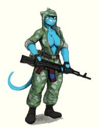 2019 assault_rifle big_breasts blue_fur boots breasts camo cartoon_network cleavage clothed clothing digital_media_(artwork) domestic_cat fatigues felid feline felis female fingers footwear fur gloves gun half-closed_eyes handwear headgear hi_res hladilnik mammal military nicole_watterson nipples pattern_clothing pose ranged_weapon rifle simple_background smile solo spetsnaz the_amazing_world_of_gumball uniform weapon whiskers white_background