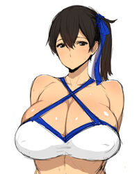 bare_arms bare_shoulders bikini bikini_top black_eyes black_hair blue_ribbon blush breasts cleavage covered_erect_nipples criss-cross_halter female female_focus gigantic_breasts hair_between_eyes hair_ribbon halter_top halterneck huge_breasts kaga_(kantai_collection) kantai_collection looking_at_viewer neck poin ribbon short_hair side_ponytail simple_background solo sweatdrop swimsuit upper_body white_background