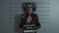 1girls 3d batman_(series) blonde_hair dc dc_comics female female_only fully_clothed green_eyes harley_quinn harley_quinn_(injustice) injustice_2 makeup mugshot slarkyss solo