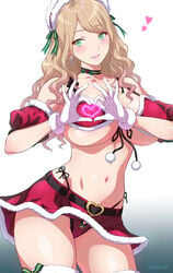 1girls artist_name belt big_breasts black_belt black_choker breasts brown_hair choker christmas collarbone earrings eyebrows_visible_through_hair female female_only gloves green_eyes grey_background hairband heart heart_hands highres huge_breasts joy_ride large_breasts lips long_hair looking_at_viewer navel original original_character panties picot_trim picot_trim_panties red_panties red_skirt skirt solo solo_female thick_thighs thighhighs thighs two-tone_background underwear white_background white_gloves