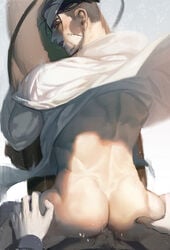 2boys anal ass back bara black_eyes black_hair blush clothes_lift facial_hair golden_kamuy hair_slicked_back hair_strand highres male_focus male_pubic_hair mature_male midomido motion_blur multiple_boys official_alternate_costume ogata_hyakunosuke pov pubic_hair scar scar_on_cheek scar_on_face sex short_hair sideburns solo_focus stubble toned toned_male tongue tongue_out uncensored undercut yaoi