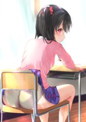 accidental_exposure ass bangs black_hair blue_skirt bow chair chair_embarrassment clothes_lift curtains day desk eyebrows_visible_through_hair feet_out_of_frame female from_behind goldowl hairbow highres indoors long_hair long_sleeves looking_at_viewer looking_back love_live! love_live!_school_idol_project panties pink_sweater pleated_skirt red_bow red_eyes school_chair school_desk school_uniform sitting sitting_at_desk sitting_on_chair skirt skirt_caught_on_object skirt_lift solo sunlight sweater twintails unaware underwear white_panties window wooden_floor yazawa_nico