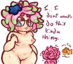 1girls animal_humanoid annie_(splatoon) areolae artist_request blush breasts chubby dialogue english_text female female_focus gradient_hair green_eyes green_hair hair_ornament humanoid moe_(splatoon) naked nervous nipples nude nude_female puffy_nipples red_hair shy source_request splatoon sweat tentacle_hair text two_tone_hair voluptuous wide_hips