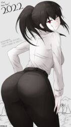 ass ass_focus big_ass black_hair blossom_hope breasts clothing commentary heterochromia looking_at_viewer looking_back misaki_takamiya new_year pants ponytail red_eyes short_hair text thick_ass thick_thighs watermark white_background white_eyes white_skin woomler