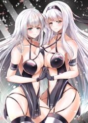 2girls absurdres alternate_costume armband ass azur_lane bangs black_dress black_gloves blue_eyes breast_press breasts choker cleavage collarbone cosplay covered_nipples crossover crossover_cosplay dress eyebrows_visible_through_hair eyes_visible_through_hair eyeshadow garter_straps gloves grey_eyes groin hairband highres holding_hands interlocked_fingers kantai_collection kentan_(kingtaiki) large_breasts long_hair look-alike looking_at_viewer makeup mole mole_under_eye multiple_girls namesake navel official_alternate_costume one_side_up race_queen shoukaku_(azur_lane) shoukaku_(azur_lane)_(cosplay) shoukaku_(kantai_collection) shoukaku_(sororal_wings)_(azur_lane) sidelocks smile symmetrical_docking thick_thighs thighs two-tone_legwear white_hair white_legwear