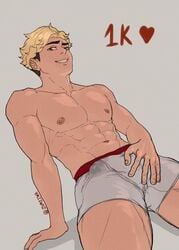 1boy abs atsumu_miya blonde_hair boxers brown_eyes dyed_hair haikyuu!! heart leaning_back looking_at_viewer male_only muscular_male nipples pecs precum_stain simple_background smirk text watermark zumiiwa