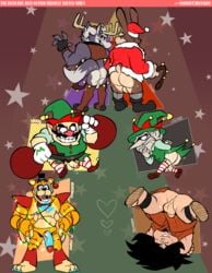 absurd_res anthro anus ass balls belly boner bottomless canid canine canis christmas christmas_clothing clothed clothing erection five_nights_at_freddy's five_nights_at_freddy's:_security_breach flaccid genitals glamrock_freddy_(fnaf) group hare hi_res holidays human lagomorph leporid male male/male male_only mammal mario_(series) nintendo overweight penis peppy_hare presenting presenting_anus presenting_hindquarters reindeer_costume scottgames star_fox torquewintress video_games wario wolf wolf_o'donnell yajirobe