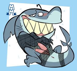 anthro anus bound diphallia diphallism fang_(total_drama_island) fish genitals grey_body hi_res male male_focus male_only marine multi_genitalia multi_penis net penis shark sharp_teeth solo solo_male teeth torquewintress total_drama_island