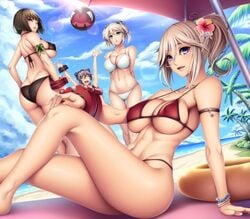 4girls alisa_ilinichina_amiella arms_behind_back arms_up ass beach bikini blonde_female blue_eyes blue_sky blush breasts ciel_alencon cleavage closed_eyes female female_only flower_in_hair god_eater knees_up kouzuki_nana looking_at_viewer multiple_girls tachibana_sakuya watanuki_kaname wrist_cuffs