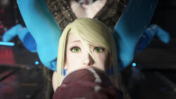 3d big_ass big_breasts blonde_hair cock_sleeve cum cum_in_mouth cum_on_penis face_focus green_eyes held_up icedev looking_up metroid nintendo oral ripped_clothing samus_aran thousand_yard_stare white_skin zero_suit zero_suit_samus