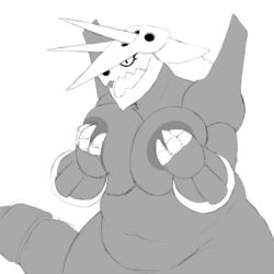 2021 aggron anthro big_breasts big_nipples breasts chubby chubby_female covering_breasts covering_nipples grey_body holding_breast horns muffin_top naked naked_female nintendo nipple_outline nipples nude nude_female pokémon_(species) pokemon pokemon_(species) rawhell sharp_teeth tail