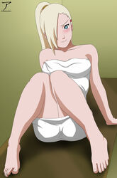 arekusanderu blonde_hair ino_yamanaka knees_together_feet_apart knees_up looking_at_viewer naruto naruto_shippuden sitting towel towel_only