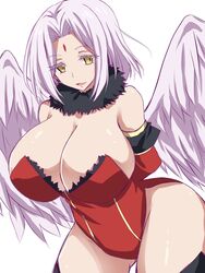 1girls arms_behind_back bare_shoulders big_breasts black_fur breasts cleavage clothed clothing detached_sleeves facial_mark feathered_wings frey_(tensei_shitara_slime_datta_ken) harpy large_breasts leotard monster_girl red_leotard smile solo standing tensei_shitara_slime_datta_ken thick_thighs thighs white_wings wings yellow_eyes